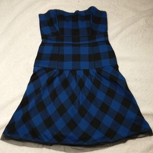 AE strapless blue/black buffalo plaid dress